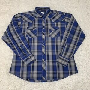 Vintage Wrangler Western Shirt Men XL 15 Blue Gray Plaid Pearl Snap Cowboy Rodeo